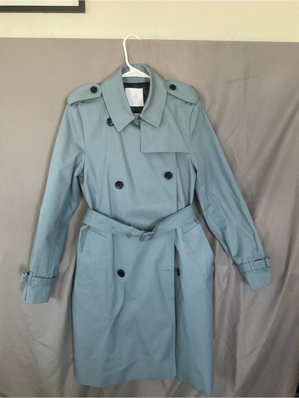 Mango Double-Breasted Light Blue Trench Coat with Belt
